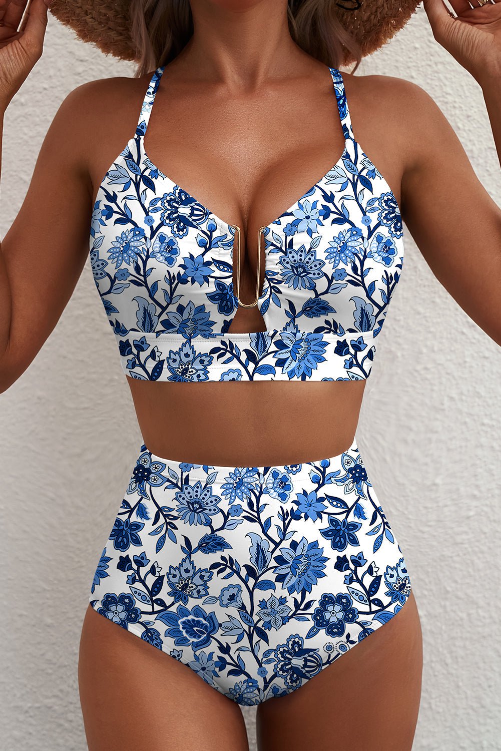 Blue Floral Print Hardware Accent Notched Neck High Waist Bikini Set - Loving It Shop