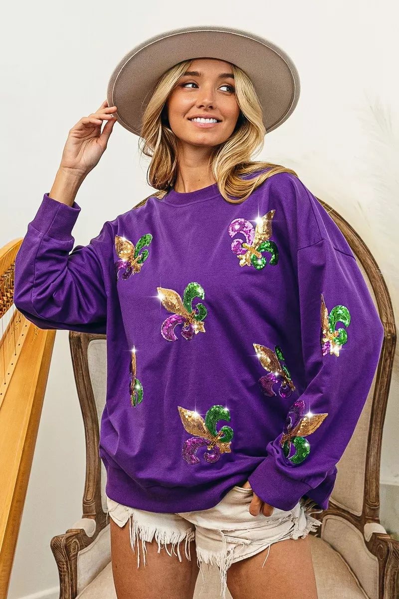 Fleur De Lis Sequin Patches Mardi Gras Sweatshirt