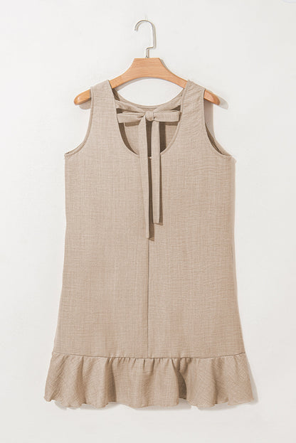 Smoke Gray Knot Scoop Back Ruffle Hem Sleeveless Mini Dress