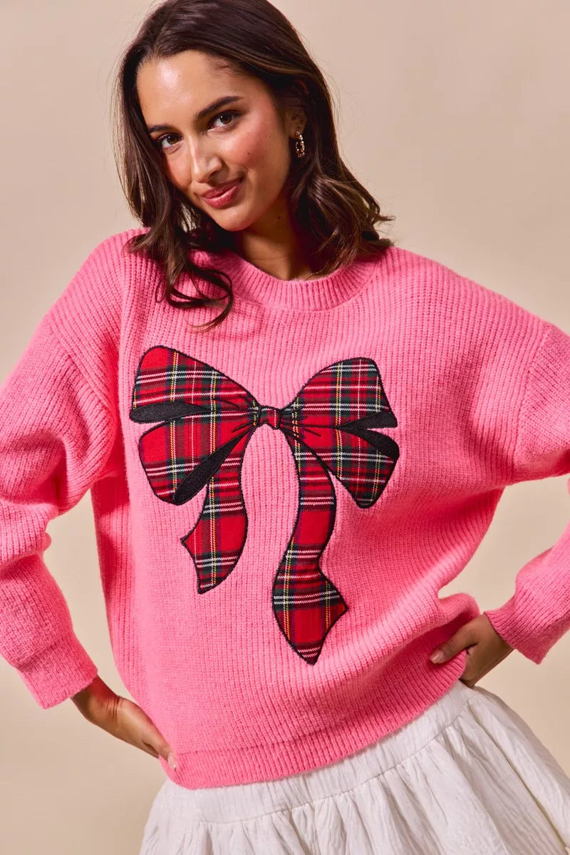 Checker Plaid Ribbon Christmas Holiday Sweater