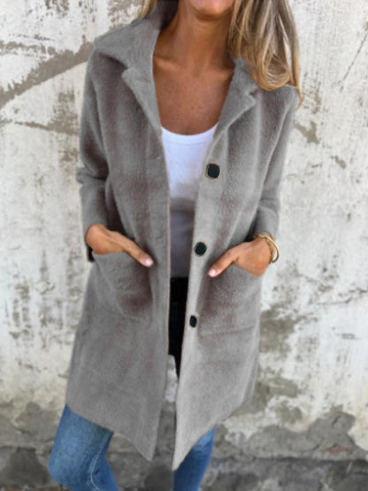 Single-breasted Polo Collar Pocket Mid-length Coat