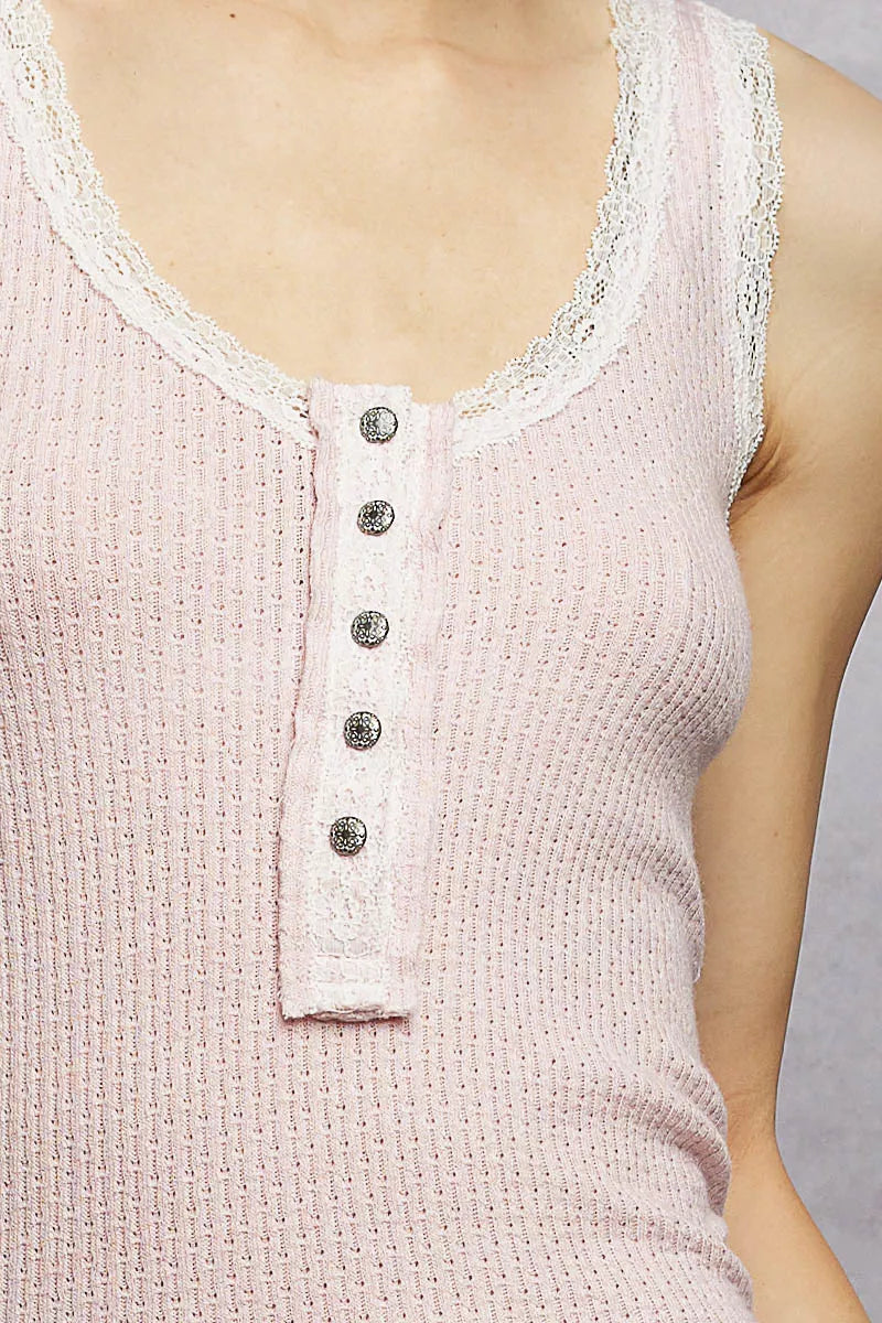 Lace Trim Tank with Front Button Closure