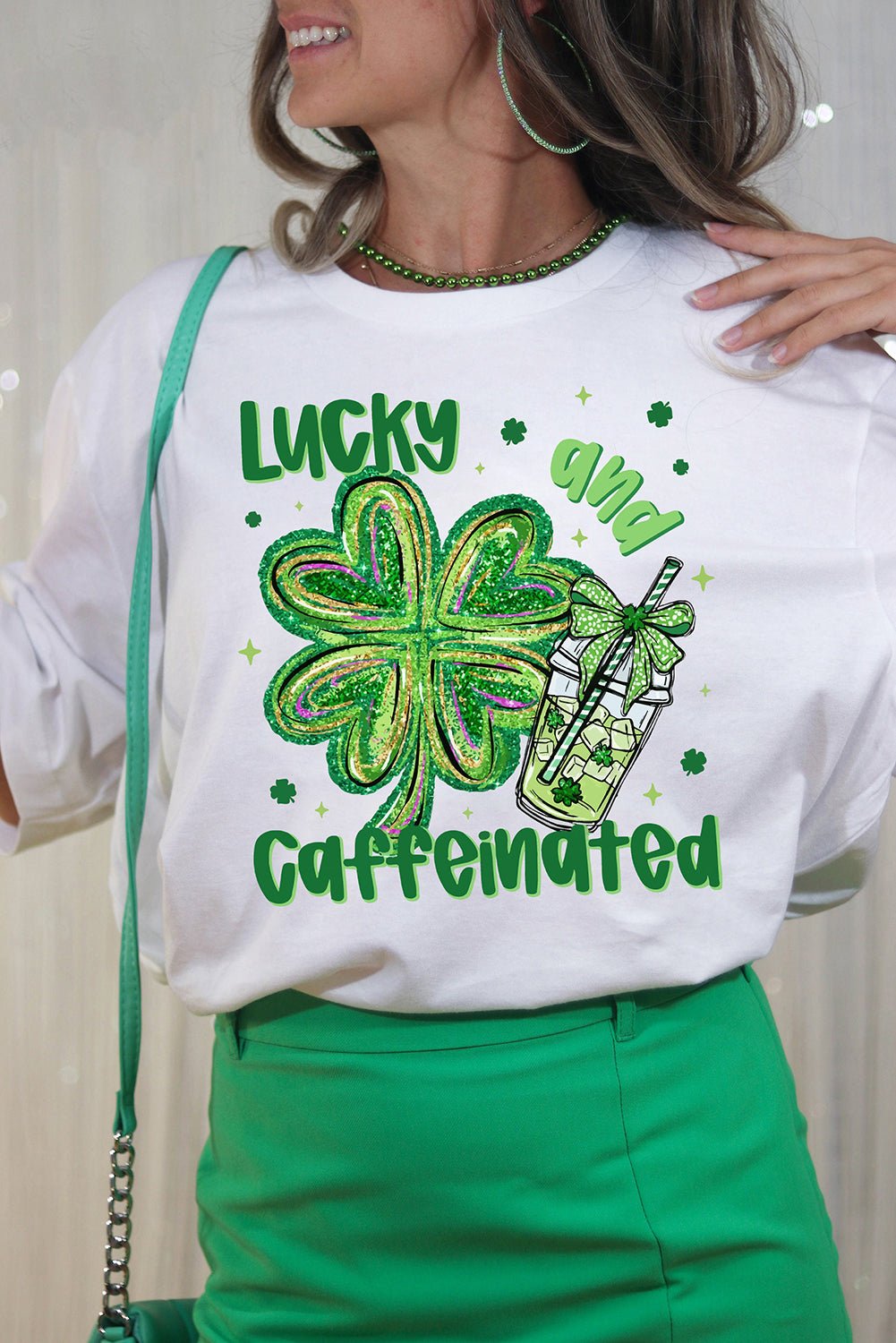 White Lucky and Caffeinated Clover Graphic St Patrick Tee - Loving It Shop