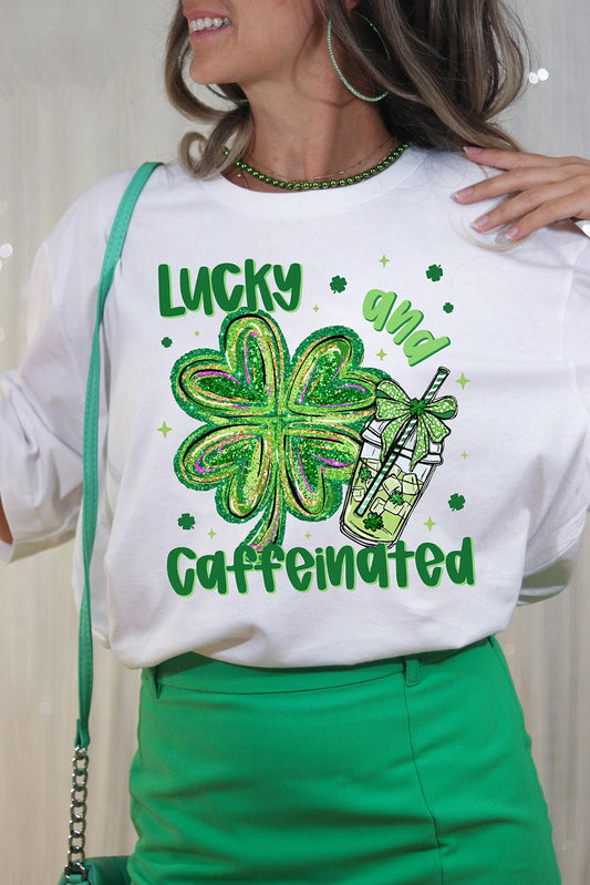 White Lucky and Caffeinated Clover Graphic St Patrick Tee - Loving It Shop