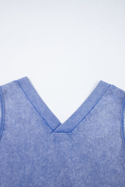 Sky Blue Mineral Wash Pocketed Sleeveless V Neck Loose Romper
