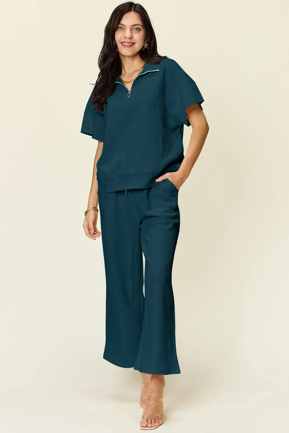I am a Fashion Junky Full Size Texture Half Zip Short Sleeve Top and Pants Set