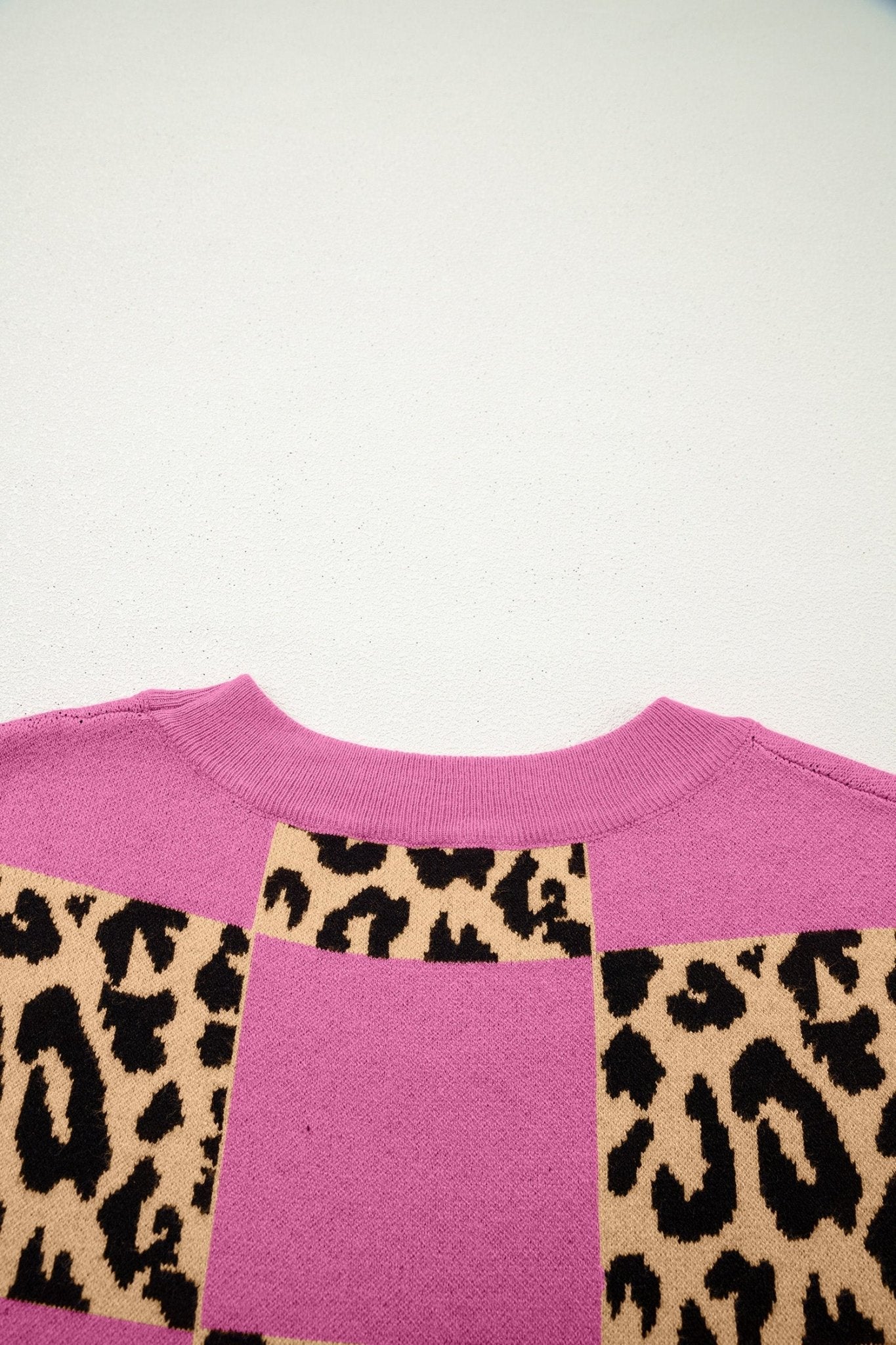 Rose Red Leopard Checkerboard Short Sleeve Knit Sweater - Loving It Shop