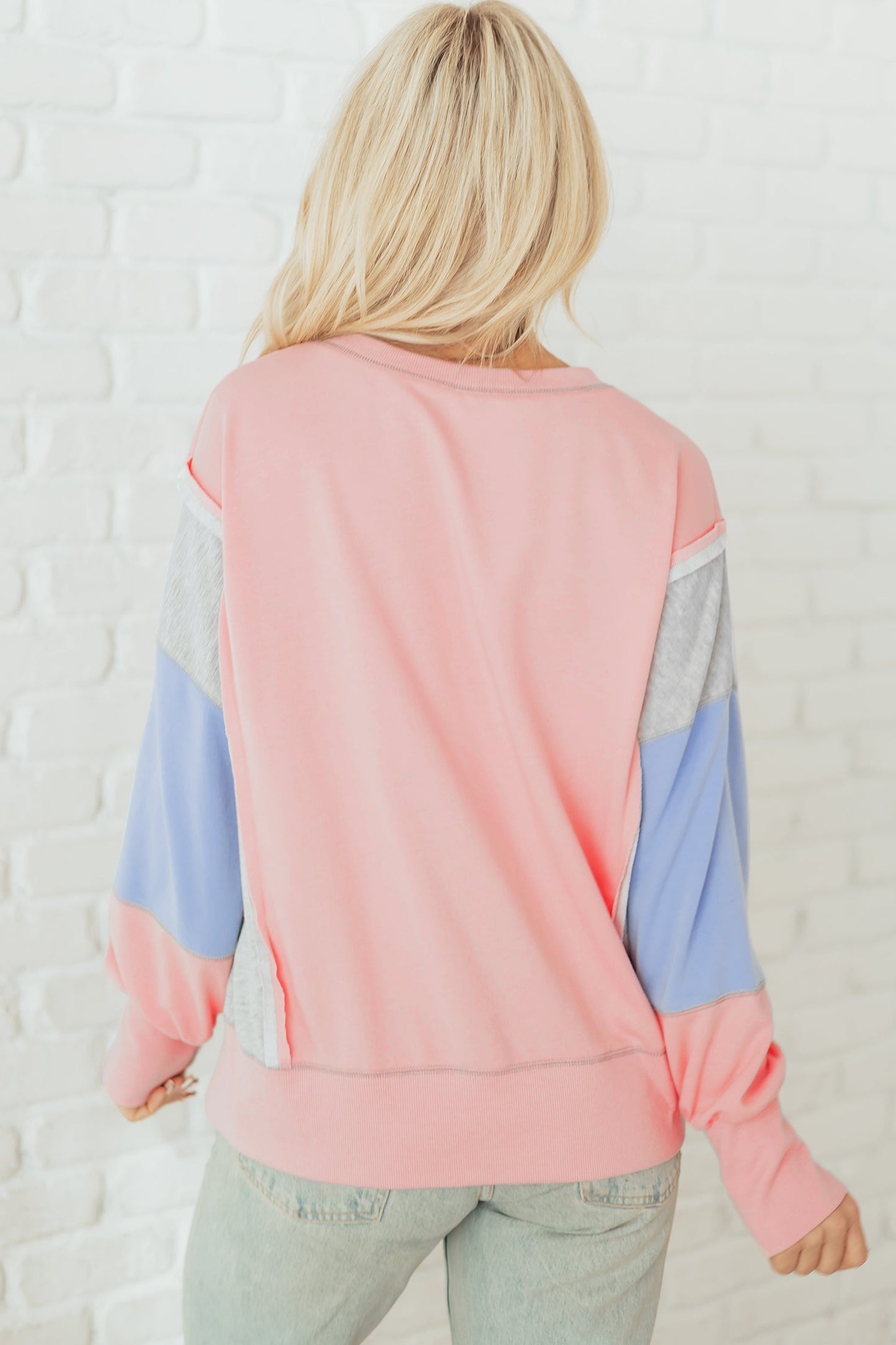 Apricot Pink Exposed Seam Color Block Patchwork Slit Cuffs Oversize Sweatshirt