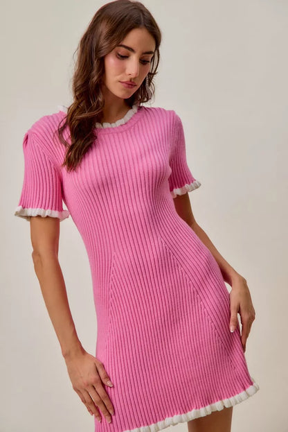 Contrast Ruffled Sweater Knit Mini Dress