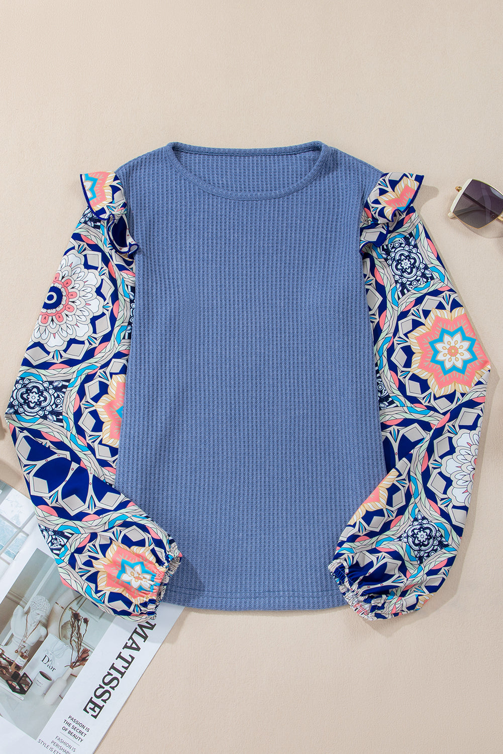 Ruffle Floral Sleeve Patchwork Waffle Top