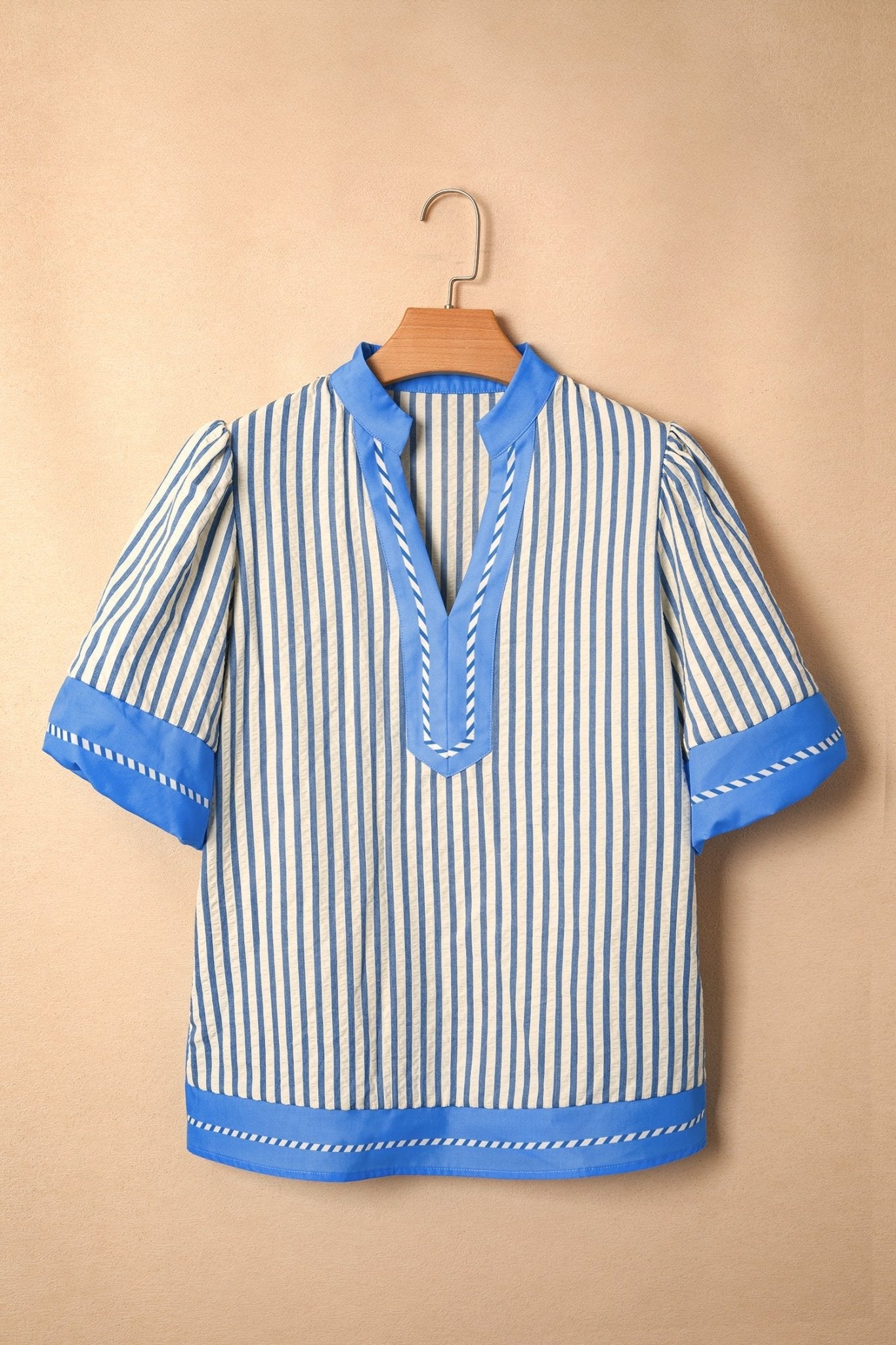 Sky Blue Stripe Color Block Detail V Neck Short Sleeve Blouse - Loving It Shop