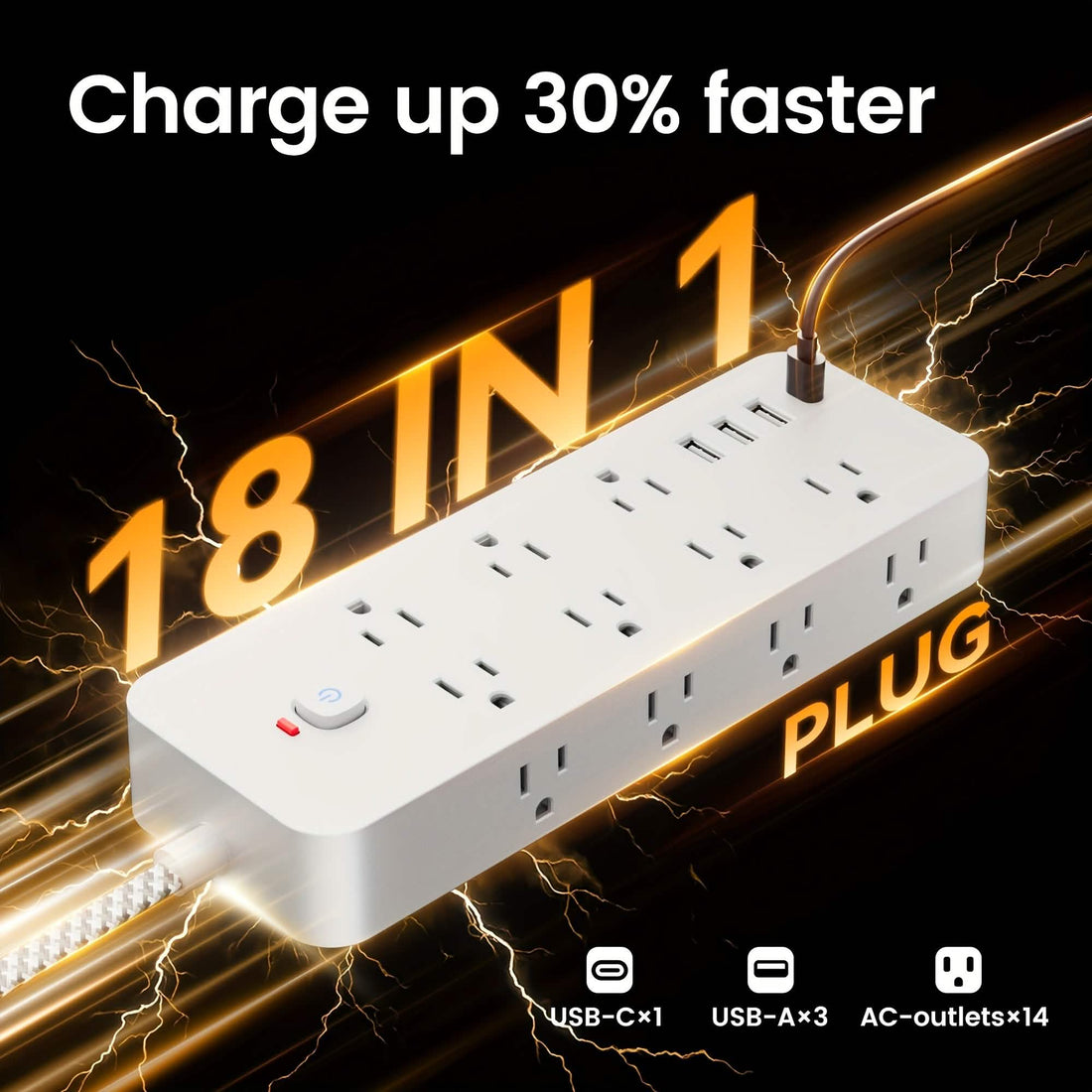 18-Outlet Power Strip with USB &amp; Type-C – Surge Protection