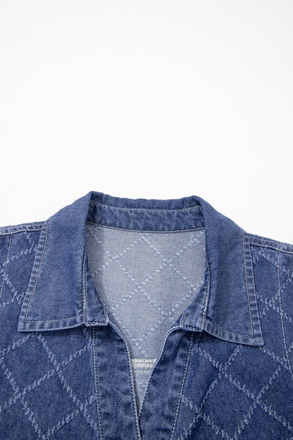 Sail Blue Rhombus Textured Collar Buttoned V Neck Denim Sleeveless Mini Dress - Loving It Shop