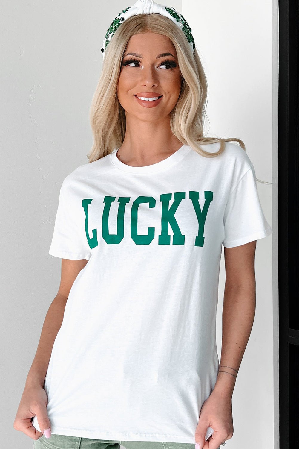 White LUCKY Printed Round Neck St Patricks T Shirt - Loving It Shop