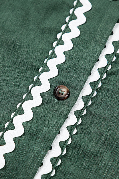 Canton Contrast Ricrac Trim Button V Neck Knotted Bracelet Sleeve Shift Dress