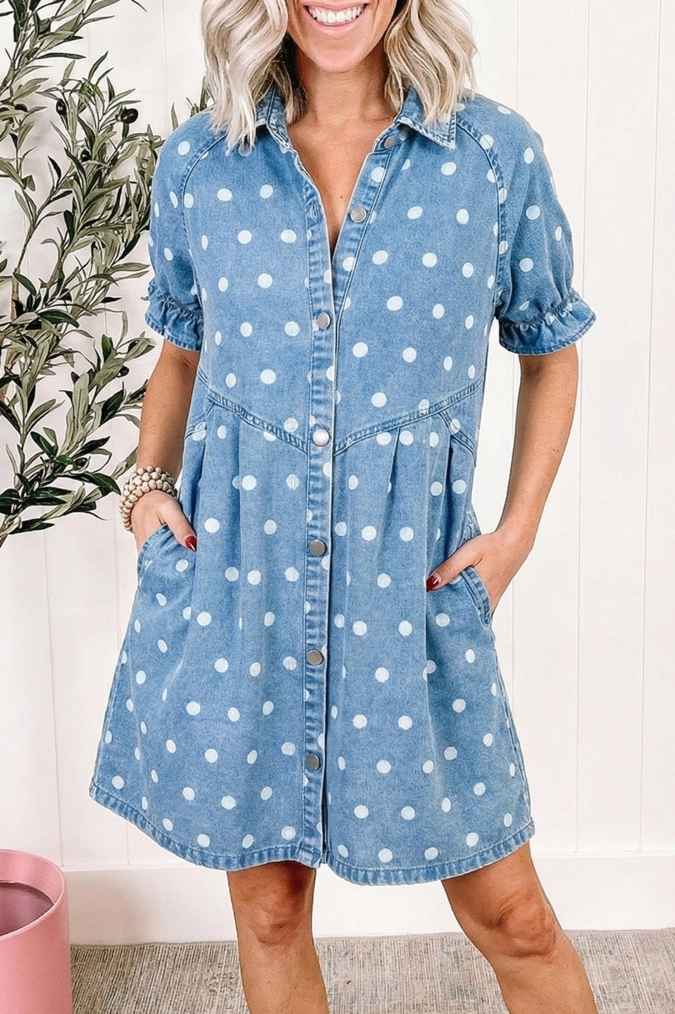 Sky Blue Polka Dot Print Ruffled Short Puff Sleeve Button Down Loose Denim Dress - Loving It Shop