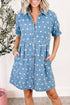Sky Blue Polka Dot Print Ruffled Short Puff Sleeve Button Down Loose Denim Dress - Loving It Shop