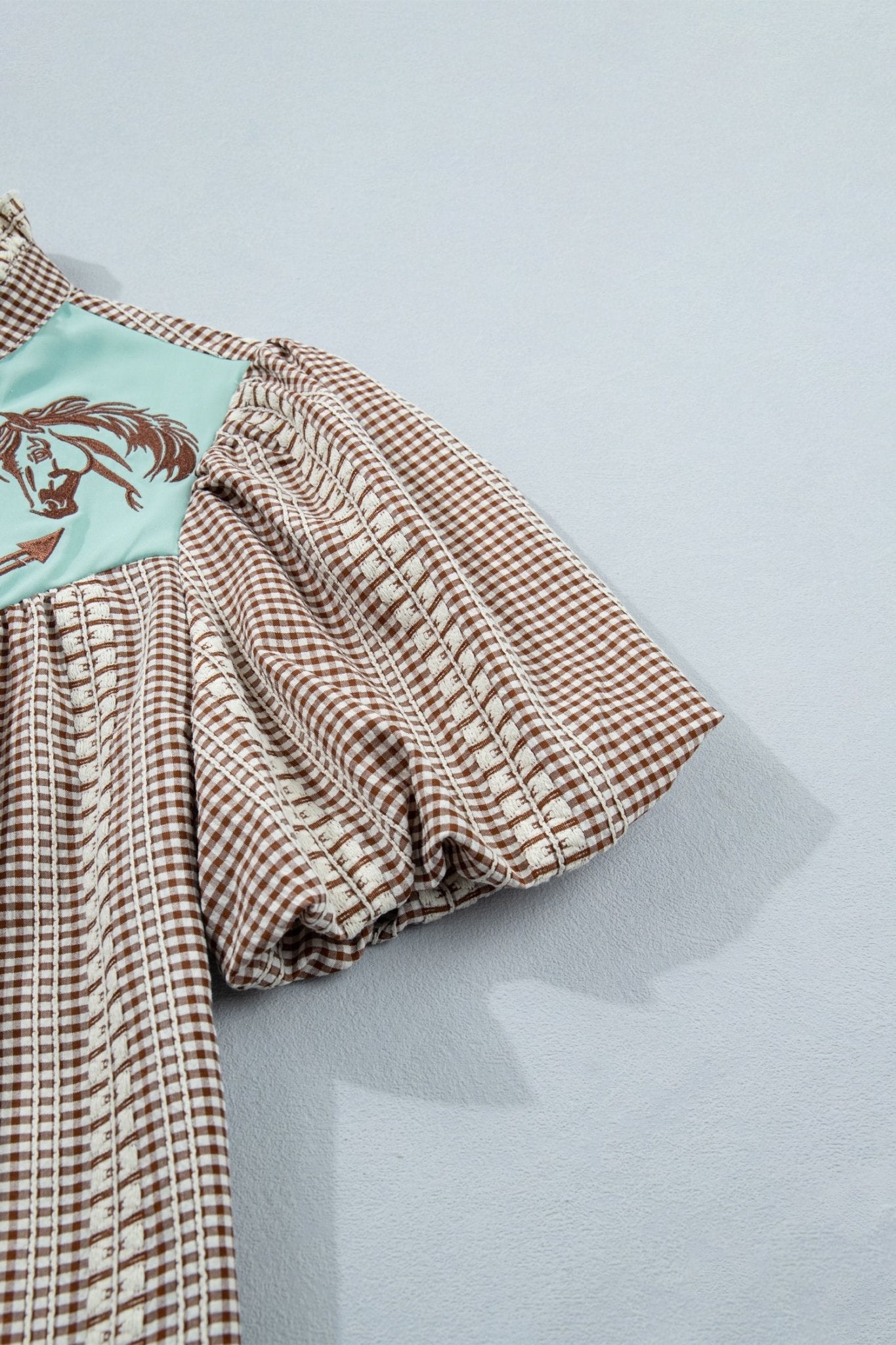 Brown Western Pony Embroidered Yoke Puff Sleeve Gingham Blouse - Loving It Shop