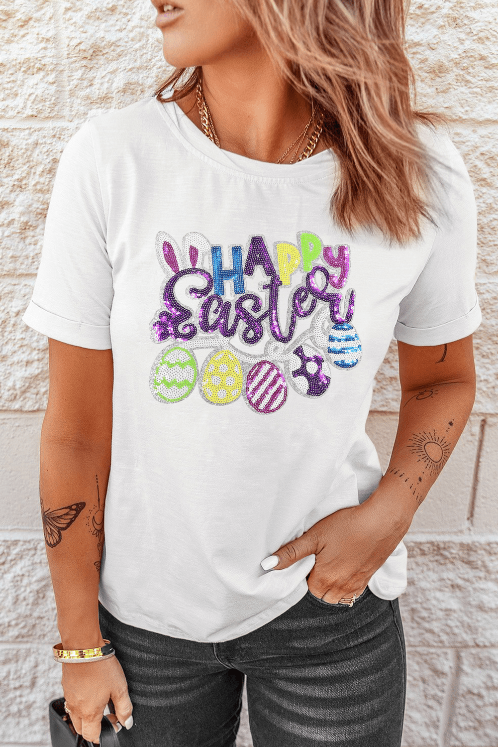 White Happy Easter Sequin Patched Casual Tee - Loving It Shop