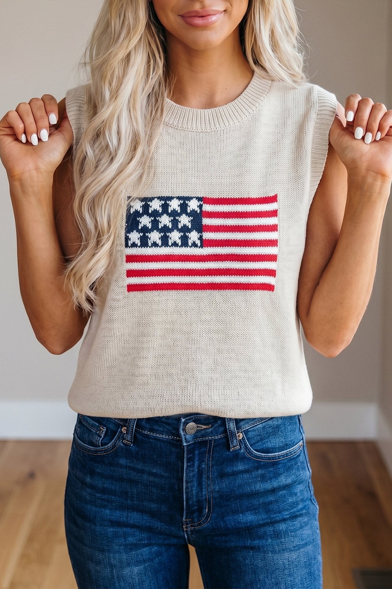 Parchment American Flag Sleeveless Sweater - Loving It Shop