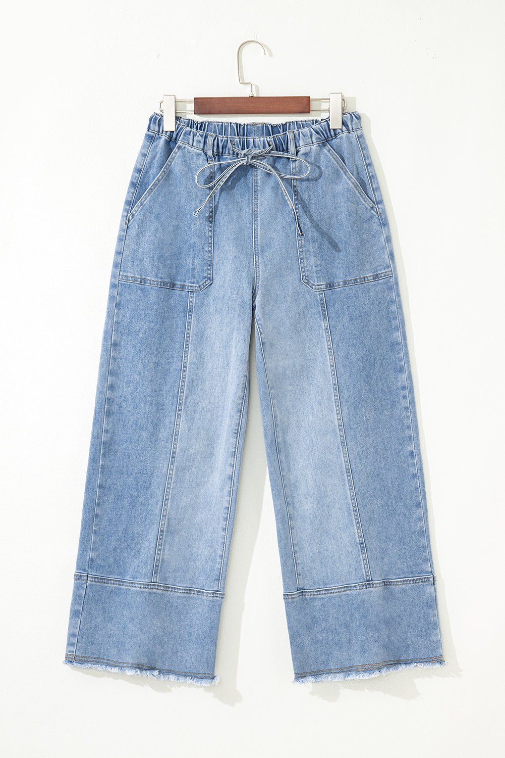 Beau Blue Drawstring Seam Detail Raw Hem Wide Leg Denim Pants - Loving It Shop