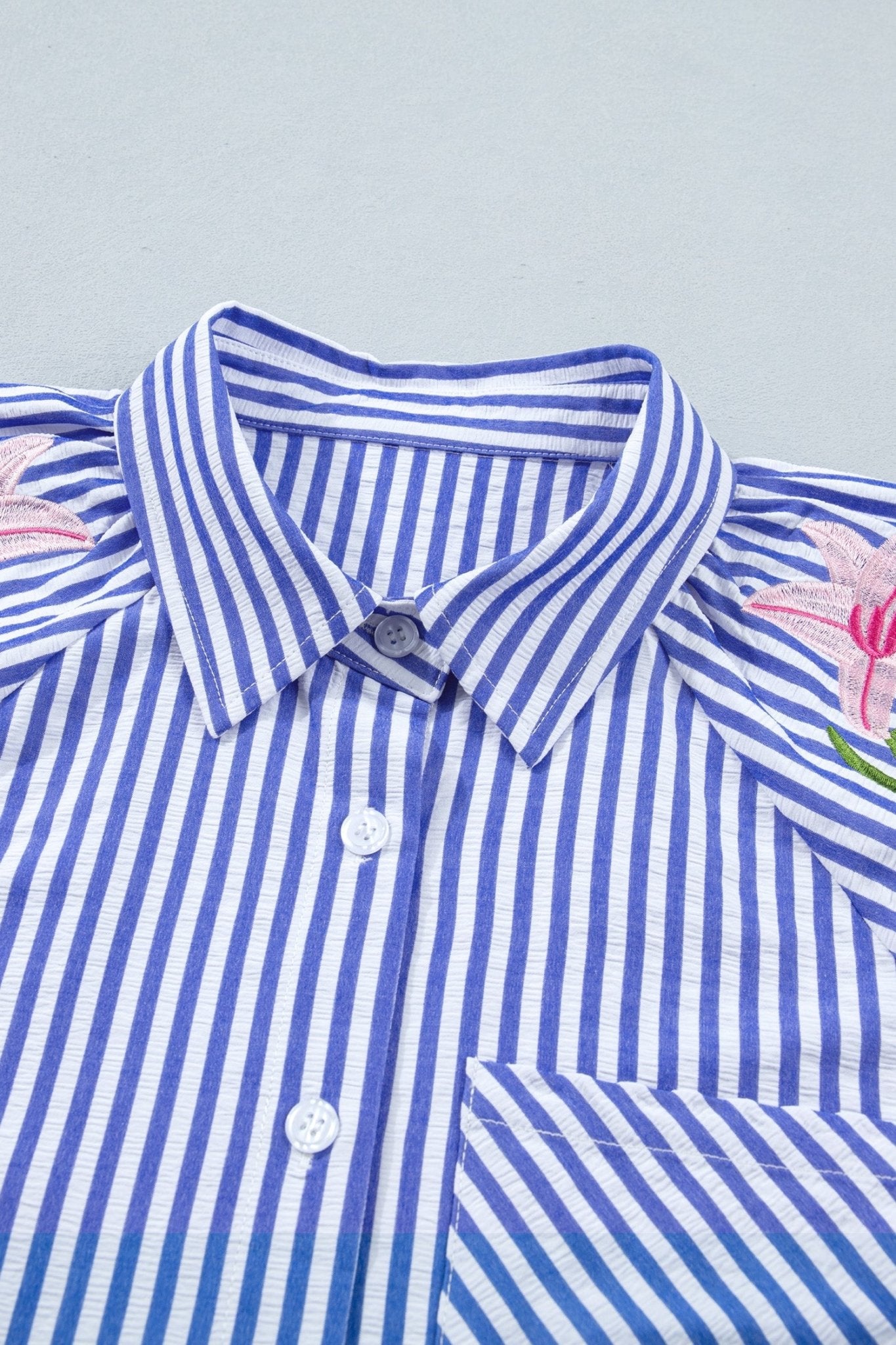 Sky Blue Stripe Lily Floral Embroidered Puff Sleeve Button Down Shirt - Loving It Shop