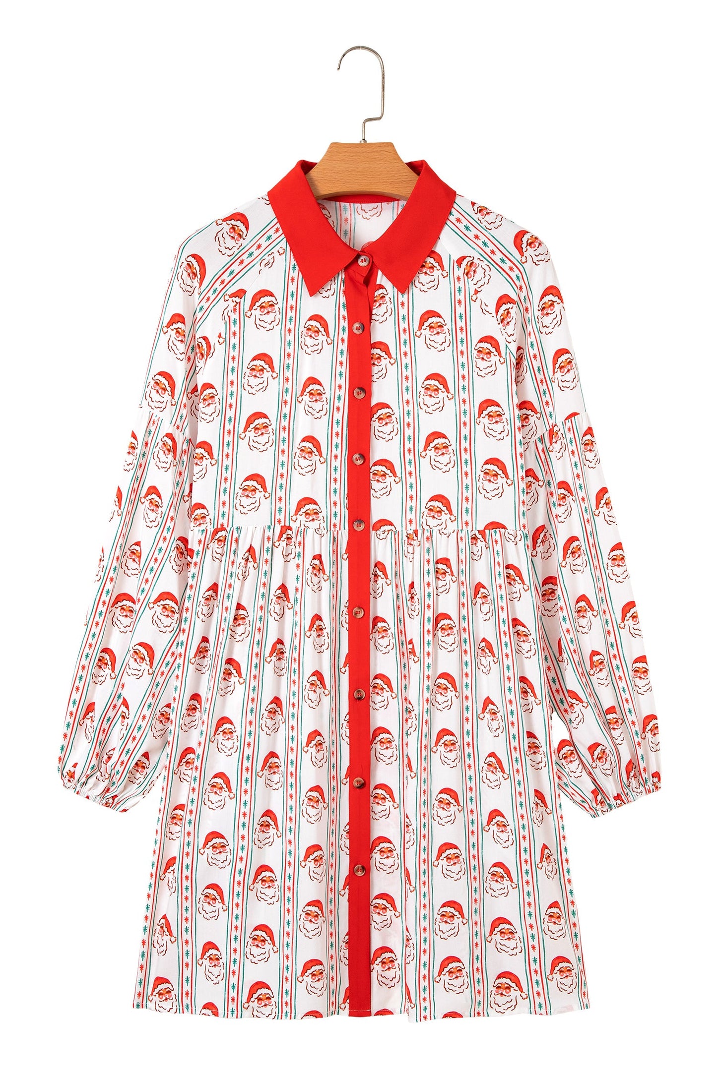 White Father Christmas Contrast Collar Button Front Long Sleeve A-line Mini Dress