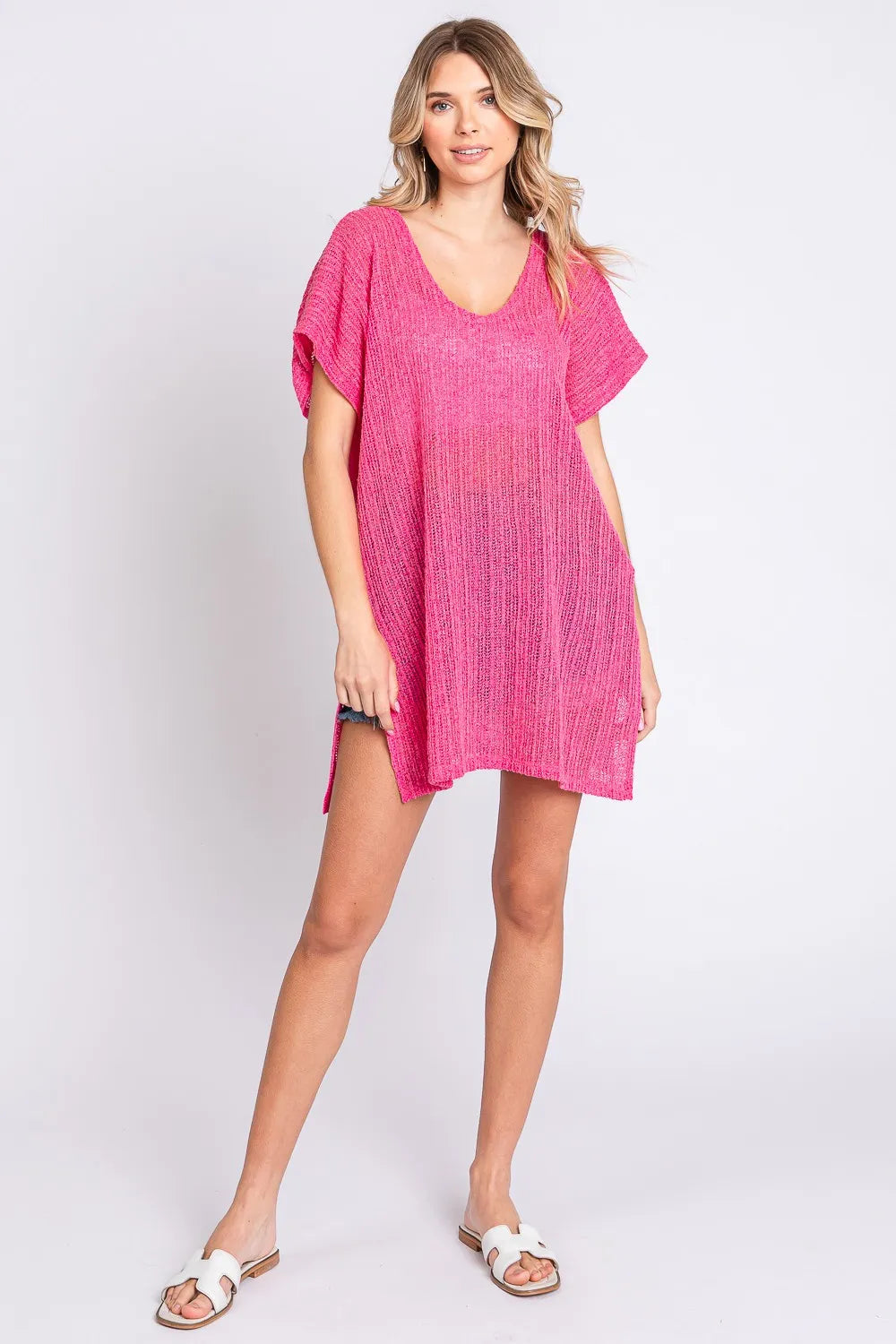 Short Sleeve Side Slit Knit Cover Up Dress