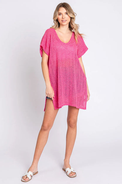 Short Sleeve Side Slit Knit Cover Up Dress