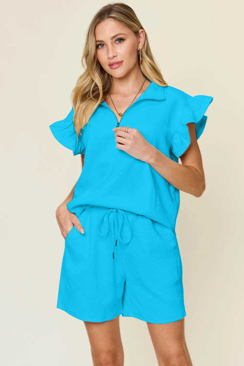 I am a Fashion Junky Full Size Texture Flounce Sleeve Top and Drawstring Shorts Set