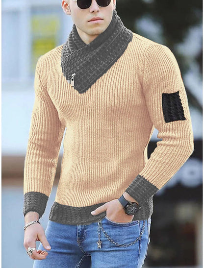 Independent Station Casual Slim Knit Pullover Long-sleeved Scarf Collar Sweater Men&