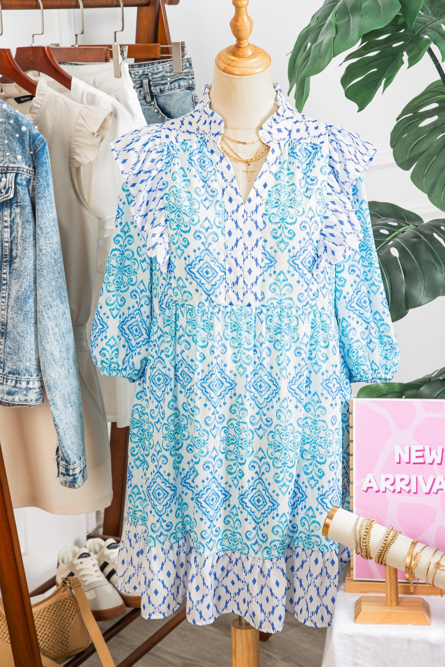 Sky Blue Boho Floral Geometric Patchwork Ruffle Detail Puff Sleeve Mini Dress