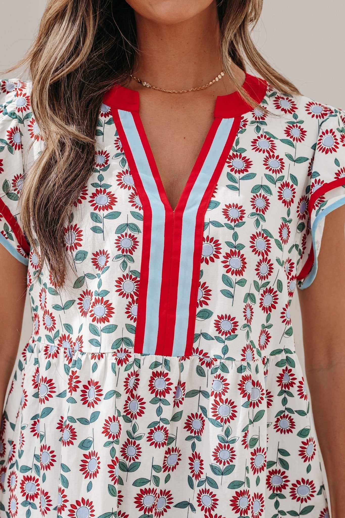 Red Sunflower Printed Contrast Trim V Neck Flutter Sleeve Blouse - Loving It Shop