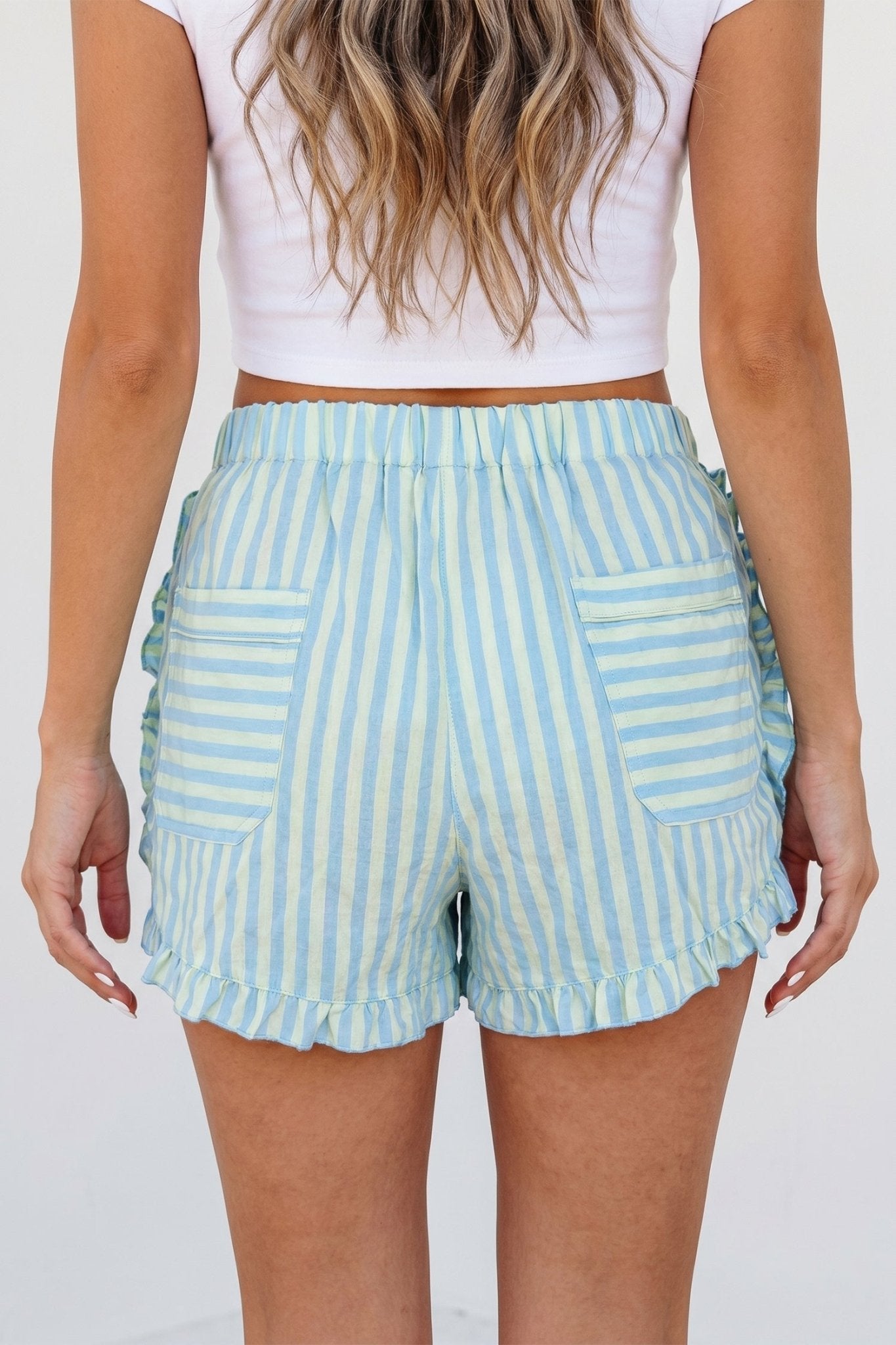 Sky Blue Stripe Elastic Waist Ruffle Trim Casual Shorts - Loving It Shop