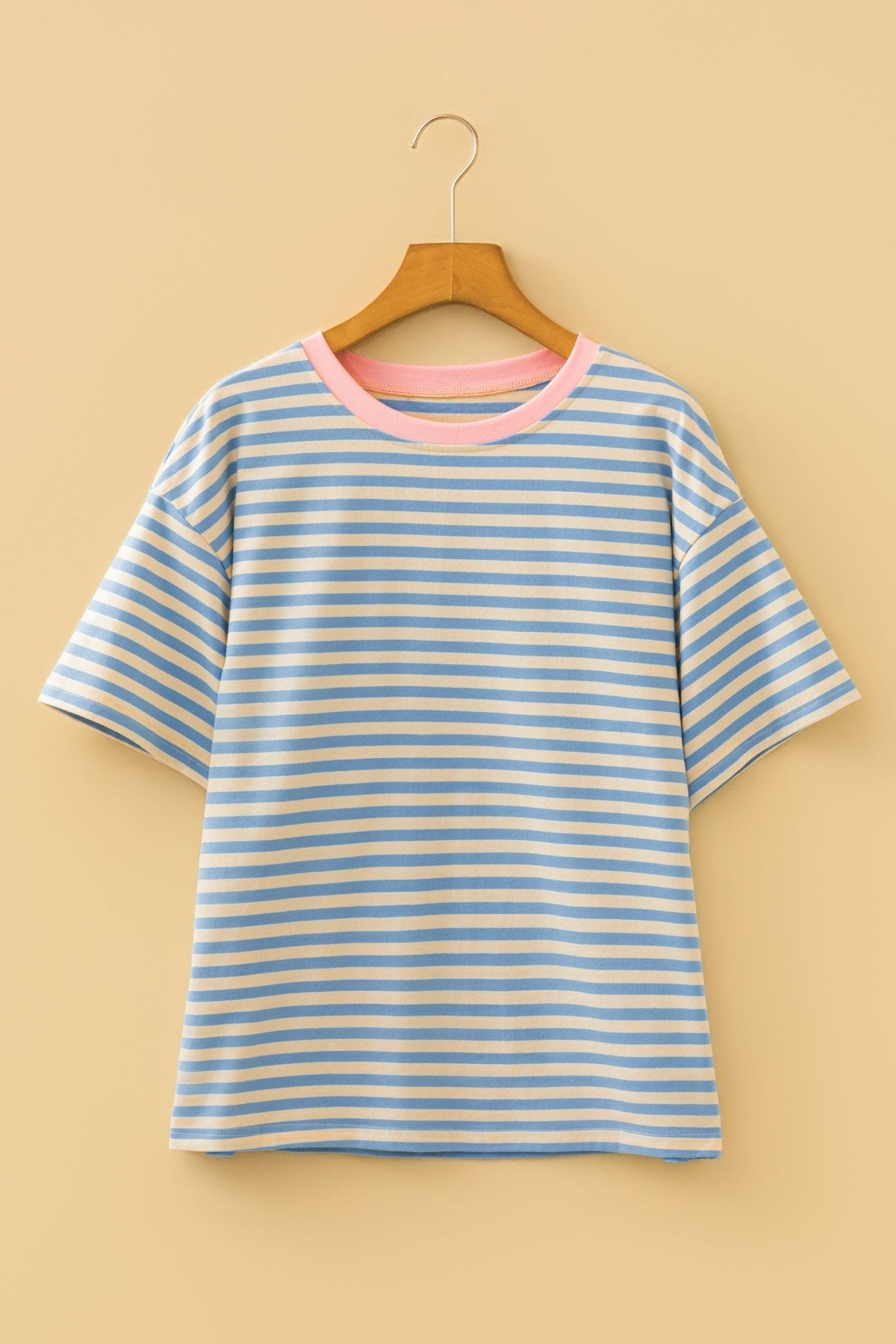 Sky Blue Stripe Contrast Crew Neck Drop Shoulder Loose Tee - Loving It Shop