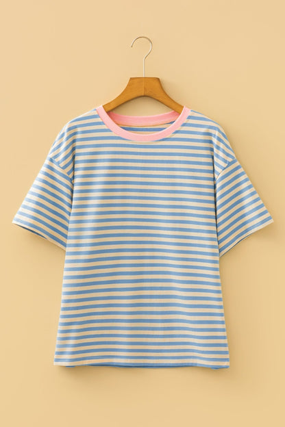 Sky Blue Stripe Contrast Crew Neck Drop Shoulder Loose Tee - Loving It Shop