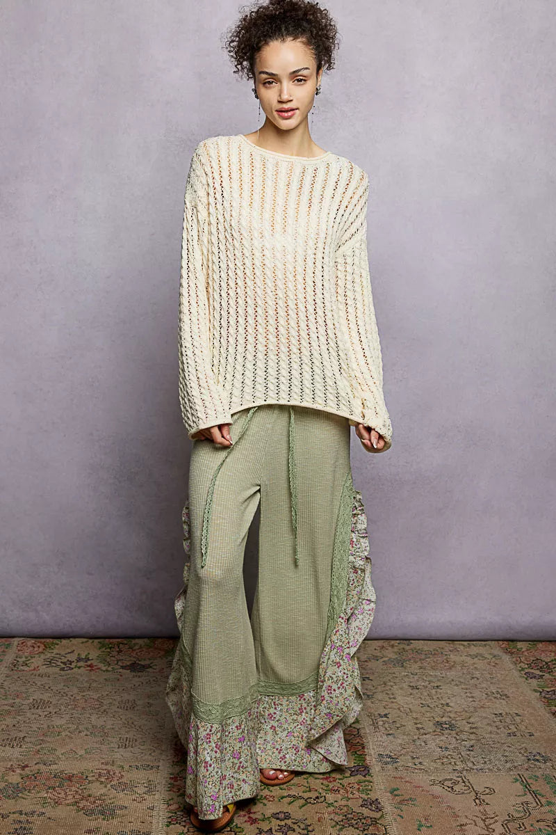 Openwork Round Neck Knit Top with Shiny Detail