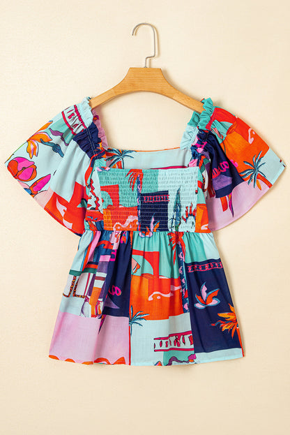 Sky Blue Tropical Printed Square Neck Flutter Sleeve Babydoll Blouse