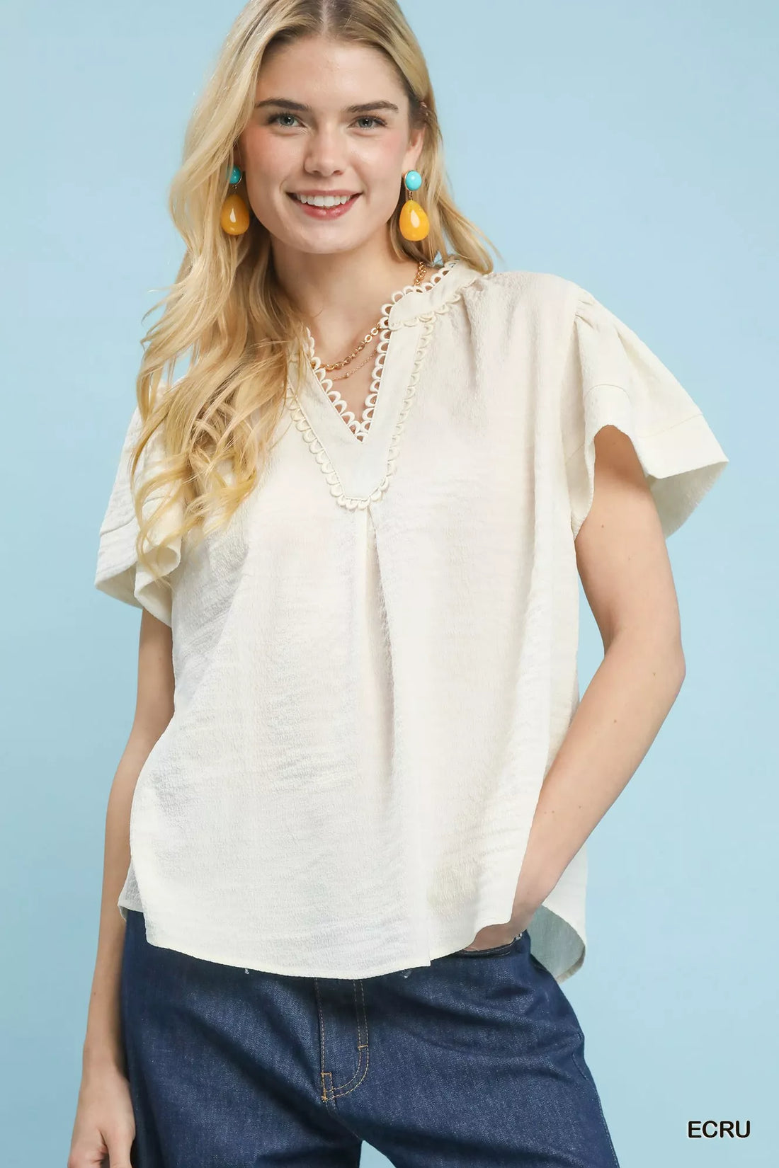Seersucker Short Sleeve Top with Lace Trim