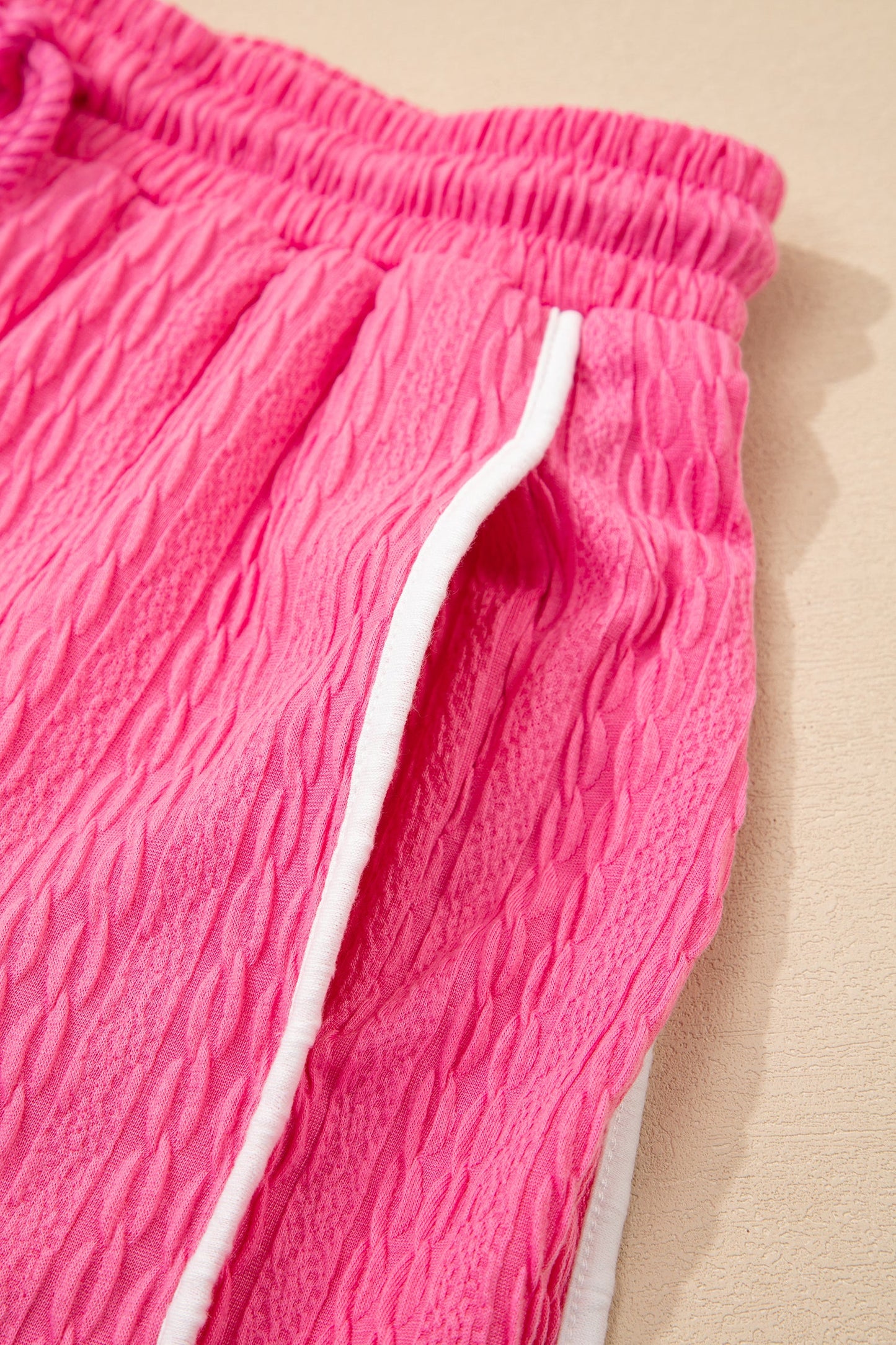 Bright Pink Textured Color Block Trim Loose Tee Drawstring Shorts 2pcs Set