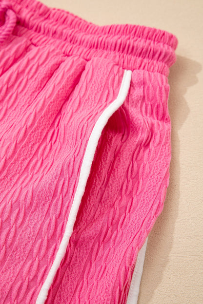 Bright Pink Textured Color Block Trim Loose Tee Drawstring Shorts 2pcs Set