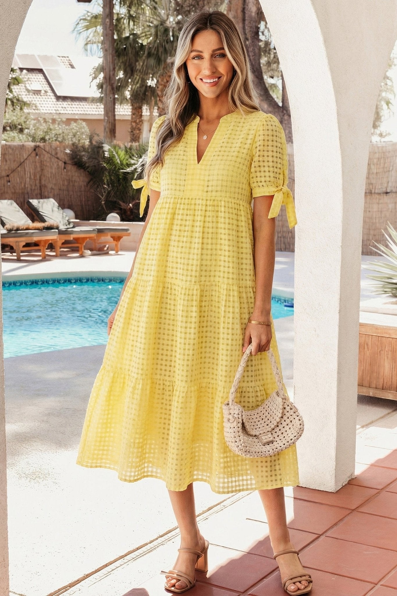 Yellow Gingham Textured Bow Tie Short Sleeve Tiered Midi Dress - Loving It Shop