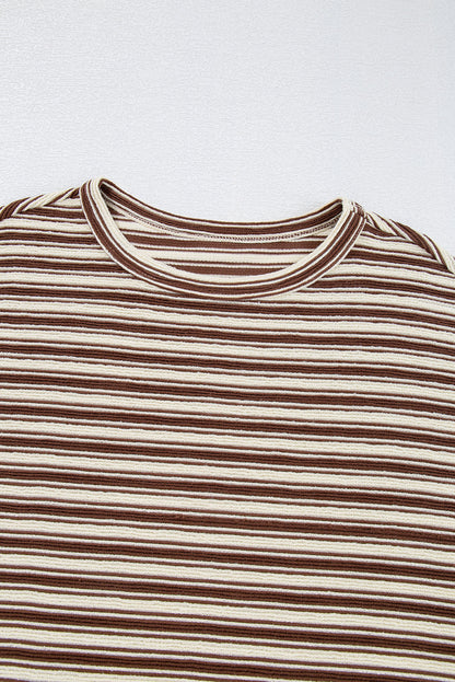 Brown Stripe Textured Side Slits Crew Neck T Shirt