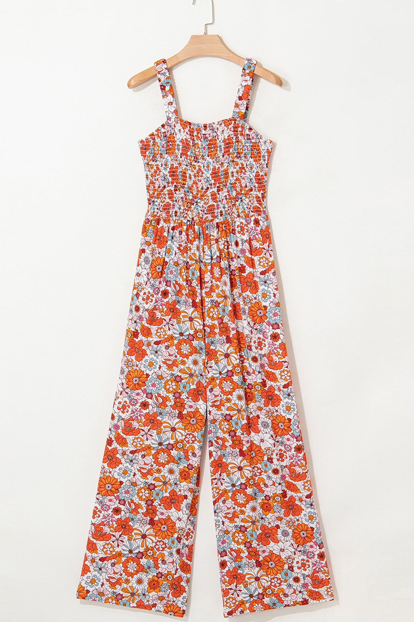 Orange Floral Print Sleeveless Smocked Shift Jumpsuit
