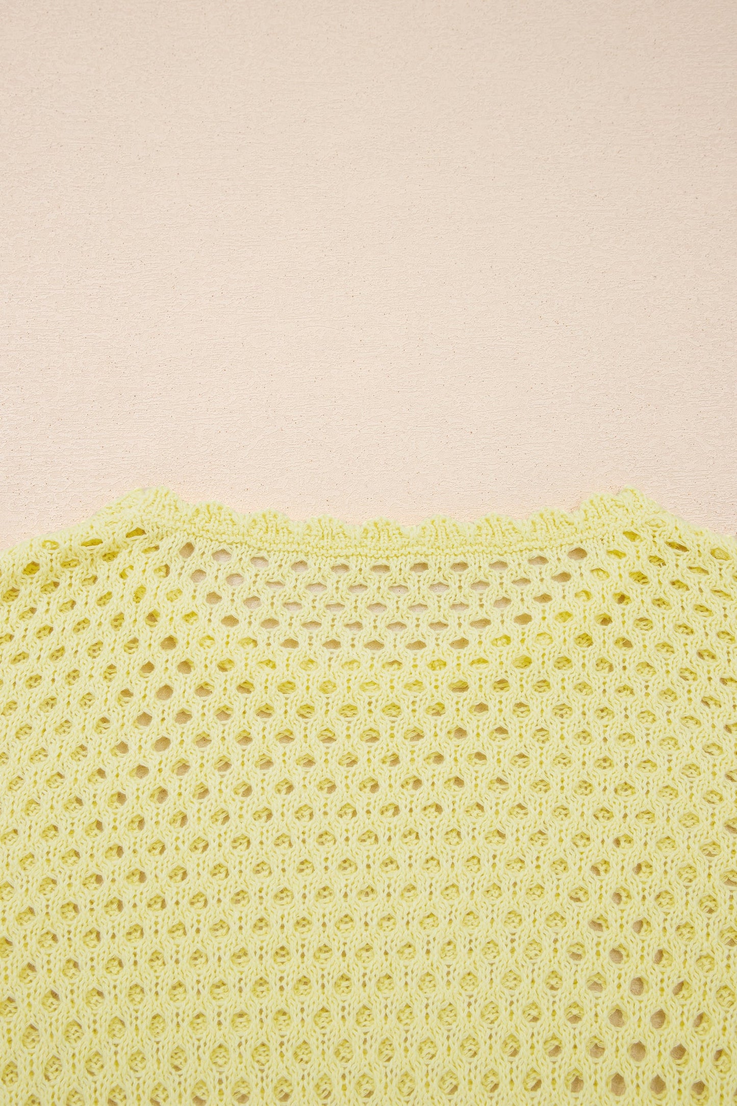 Yellow Cream Scalloped Trim Hollow Out Knit Long Sleeve Top