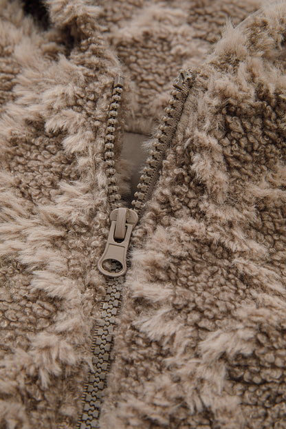 Chestnut Sherpa Rhombus Zip Up Side Pocket Hooded Jacket