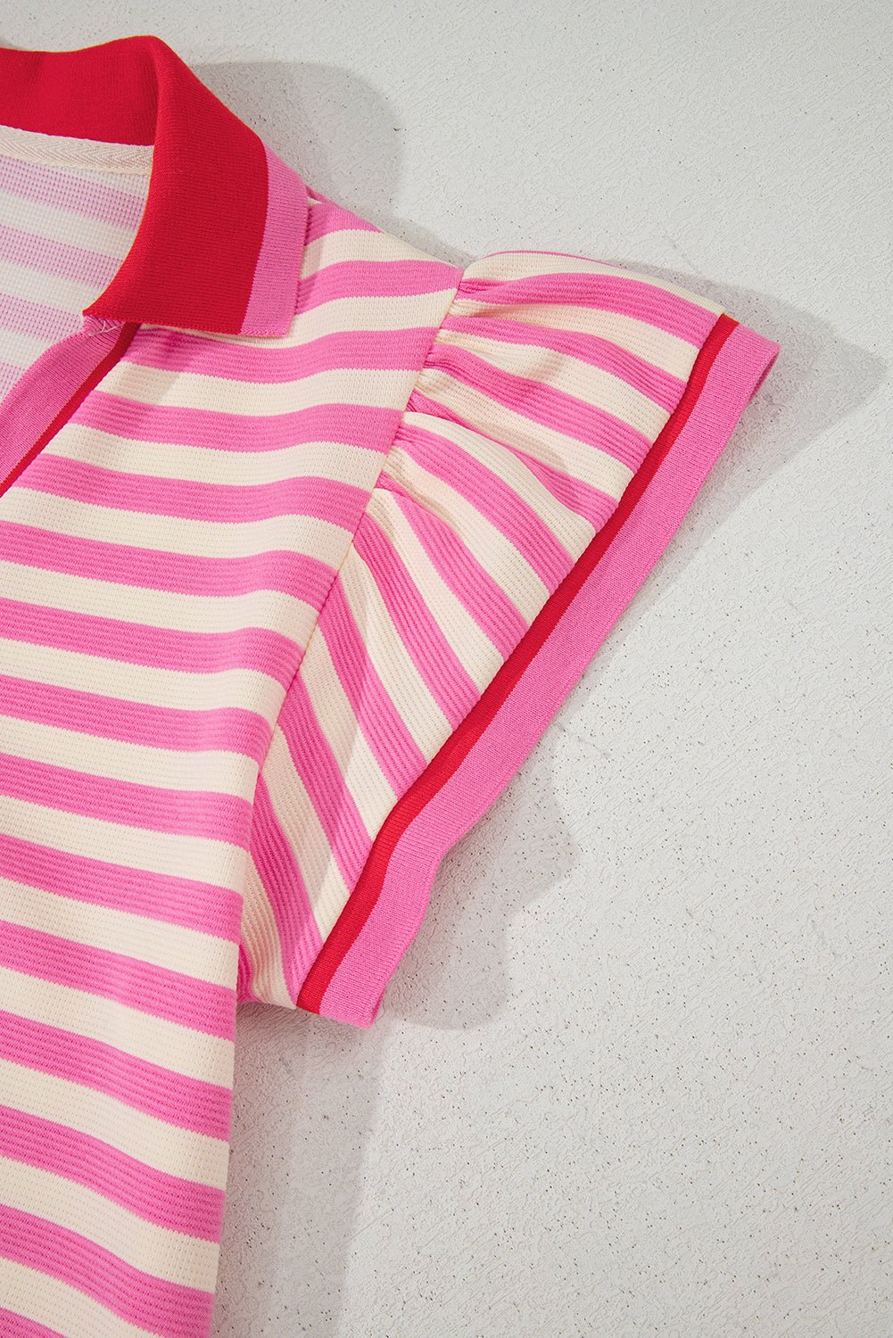 Sachet Pink Stripe Print Contrast Collar Split Neck Flutter Sleeve Short Dress - Loving It Shop
