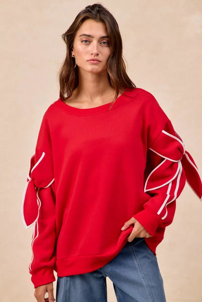 Bow Detail Sleeves Fleece Sweatshirt