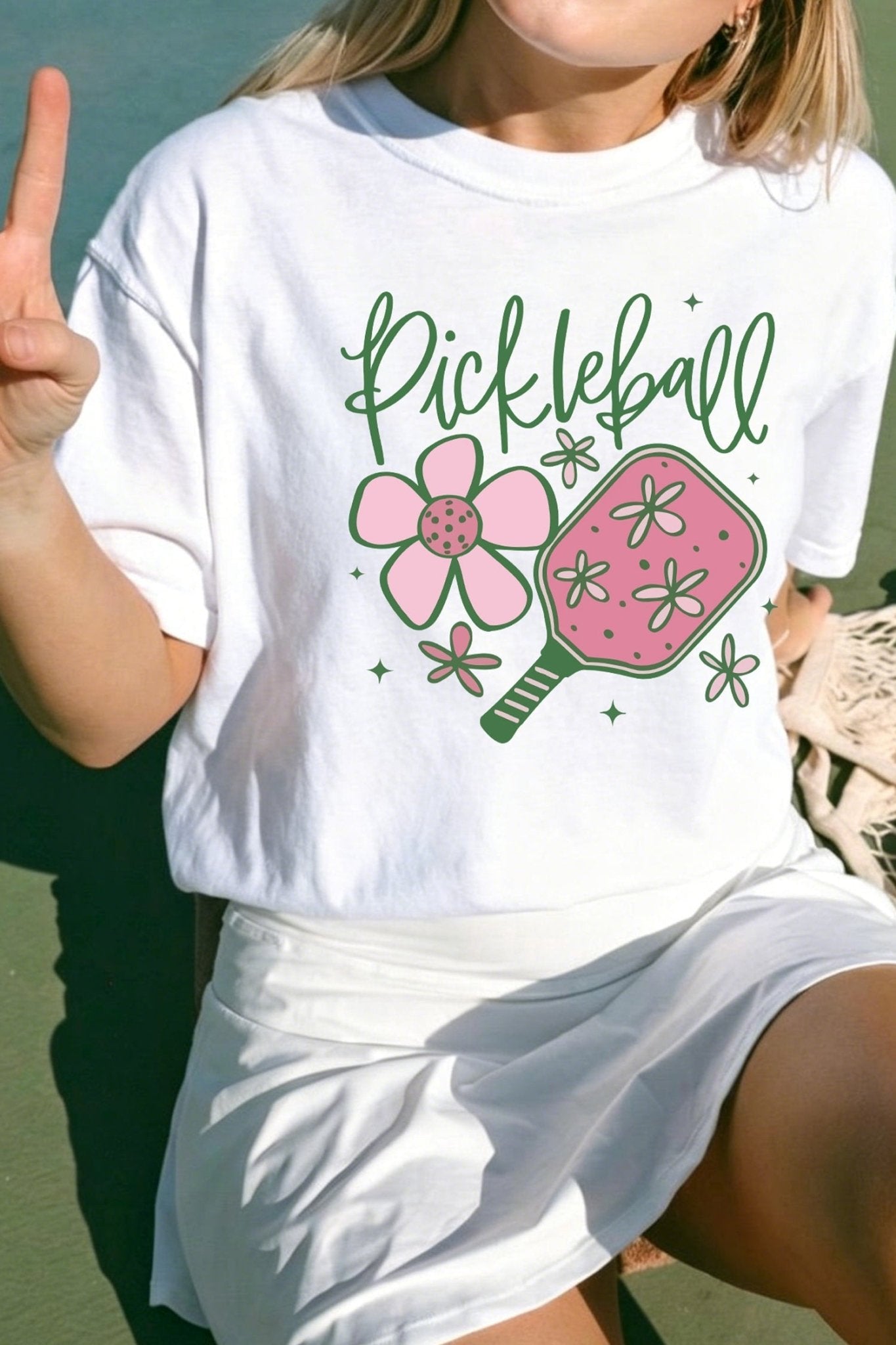 White Pickleball Sweet Flower Printed T Shirt - Loving It Shop