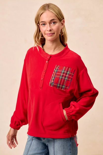 Christmas Theme Fleece Buttoned Top with Pockets